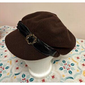 Lillie & Cohoe Womens Brown Wool Newsboy Cap Black Velvet Band Gold Accent
